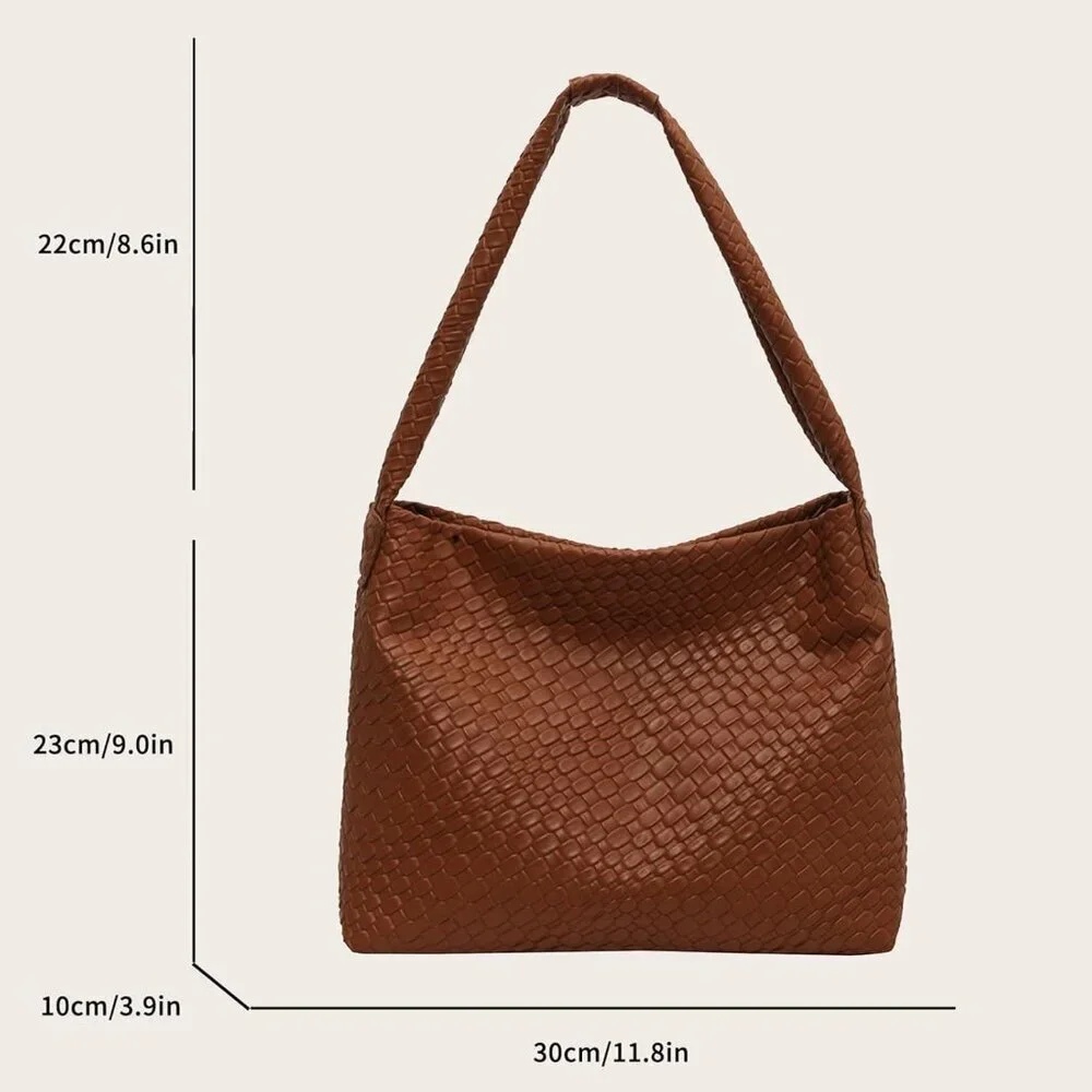 Women's Brown Soft Vegan Leather Woven Shoulder Top-handled Hobo Slouchy Bag